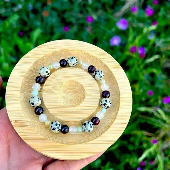 Handmade Dalmatian Jasper + Garnet + Rose Quartz + Morganite bracelet - Picture 1 of 4